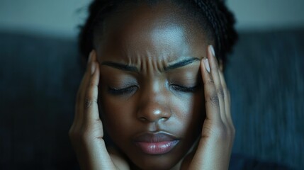 Black woman touches forehead eyes closed feeling headache showing stress, distress, and worrying about problems.