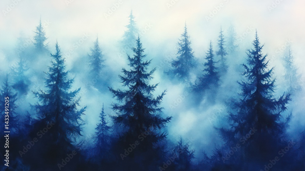 Poster a misty landscape features evergreen trees in a forest setting