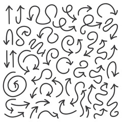 Black ink arrows in doodle sketch style showing multiple curves and directions on white background