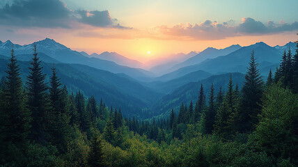 Naklejka premium Mountain Ridge View at Sunset, Mist Filled Valleys, Pine Trees Silhouette, Peaks