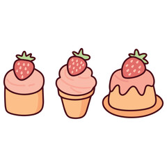 Three strawberry desserts: cupcakes and mini cakes with pink frosting, whipped topping and fresh strawberry on top