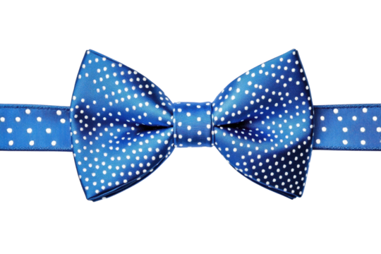 Elegant blue bow tie with white polka dots isolated on black background perfect for formal events adding on transparent background