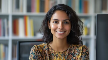 Indian woman smiles, radiating confidence, with bookshelf backdrop, symbolizing knowledge, learning, personal growth.