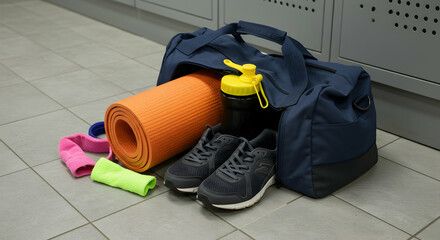 Gym bag packed with fitness essentials ready for workout session promoting healthy lifestyle and exercise