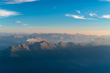 Evening view from Rocciamelone mountain peak in Graian Alps in Italy