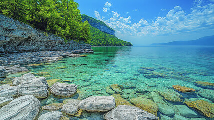 Serene Shoreline Turquoise Water with Rocks and Forest Coastline under Cloudy Skies