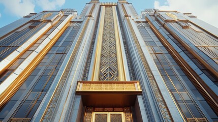 Obraz premium A grand Art Deco skyscraper with geometric patterns, gold detailing, and a majestic entrance reflecting early 20th-century elegance.