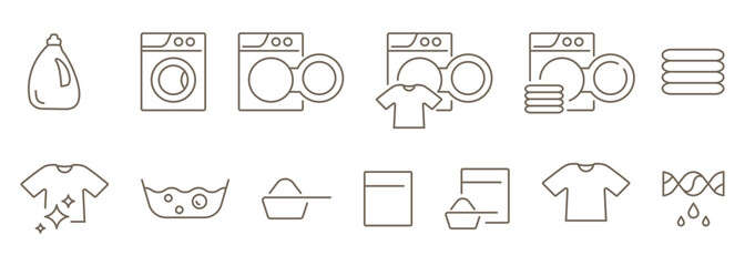 Set of laundry self service linear icons editable stroke isolated on transparent background. Washing service icons. Washing machine, clean t-shirt, simple t-shirt, liquid detergent and other icons.