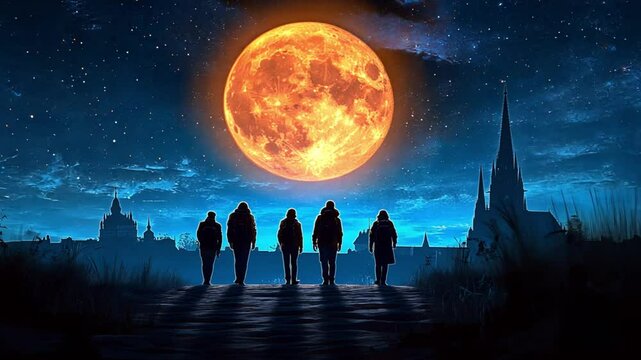 Silhouetted Figures Under a Giant Blood Moon