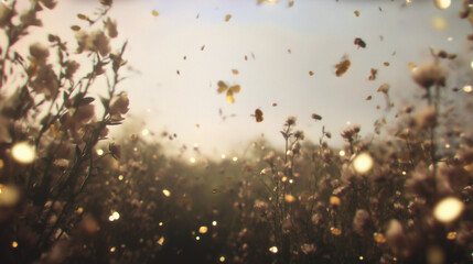Golden pollen swirls over wilted flowers, a soft transition of seasons reflecting climate change impact