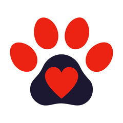 Paw Print Icon vector silhouette with Heart symbol on transparent background