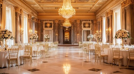 A grand historic mansion wedding venue with antique decor, marble floors, and golden chandeliers.