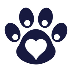 Paw print silhouette with heart cutout inside isolated on transparent background