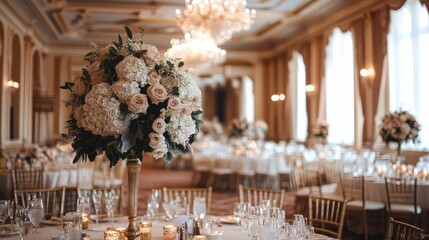 A grand hotel wedding venue with luxurious decor, elegant floral arrangements, and a beautifully set reception hall.