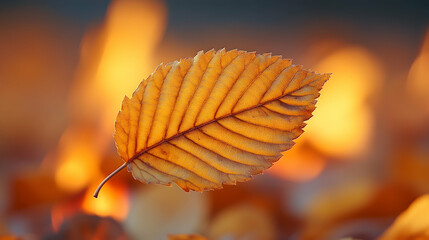 Obraz premium Golden leaf with veins and a stem against blurry background with warm autumn colors