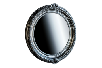 Elegant oval silver mirror with ornate frame against a black background reflecting light and showcasing on transparent background