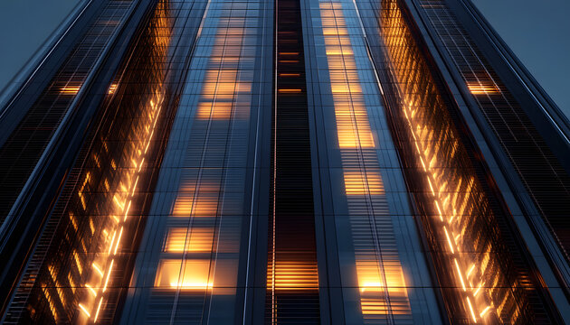 seamless skyscraper facade with windows and blinds at night modern abstract office building background texture with glowing lights against dark black exterior walls high resolution 3d rendering