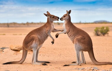 Two brown kangaroos fighting each other in the desert