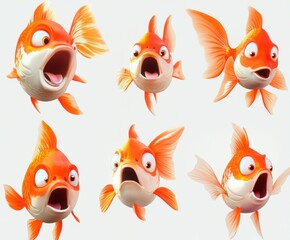 Six cartoon goldfish with wide eyes and open mouths in various poses