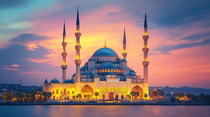 A grand mosque with towering minarets and intricate Islamic architecture, illuminated at sunset