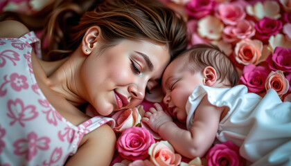 Mother and Baby Sleeping on Bed of Roses