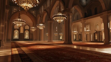 Fototapeta premium A grand mosque with an expansive prayer hall, covered in rich carpets and elegant chandeliers