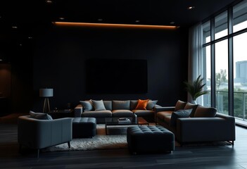 Dark, spacious modern living room at night; empty black feature wall, plush seating, ambient lighting, textures, lighting