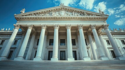 A grand Neoclassical government building with massive marble columns, intricate pediments, and an imposing facade