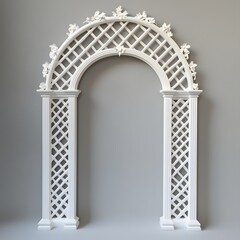 White Ornate Archway with Garden Decor.