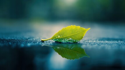 A single green leaf rests on a wet surface reflecting light