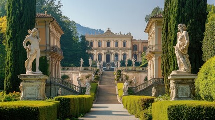 A grand Renaissance palace with symmetrical gardens, marble statues, and intricate frescoed ceilings.