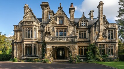 grand Victorian mansion in England with intricate stone carvings, towering chimneys, and an elegant entrance.