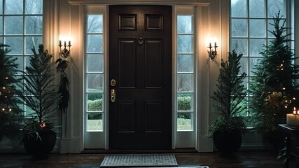 Interior view of a house entrance on a rainy day with Christmas trees illuminated by warm lights and a patterned rug on the floor - Powered by Adobe