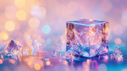 A sparkling crystal cube sits among scattered small reflective crystals