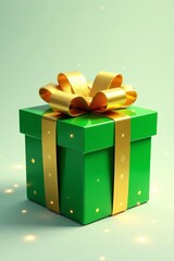 Illustration of a shiny green gift box with golden accents and sparkles, unique, festive, design