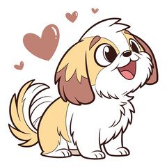 Obraz premium Cartoon Shih Tzu Puppy with Hearts. Cute, happy dog with tan and white fur, smiling