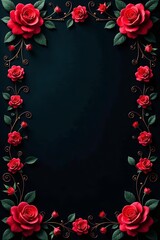 Intricate pattern of dark floral design featuring red roses and swirling vines, red roses, intricate