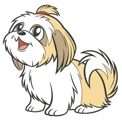 Cartoon Shih Tzu Dog Sitting, Happy Expression, Cute Puppy, Brown and White Furry Pet
