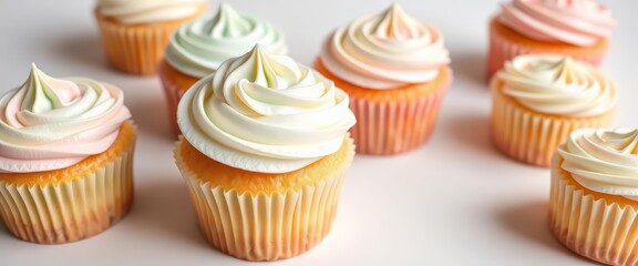 Delicate pastel cupcakes on white background, showcasing frosting detail, frosting, cream