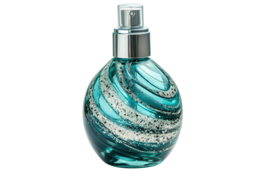 Elegant teal glass perfume bottle with silver cap swirling glitter design isolated on black background on transparent background