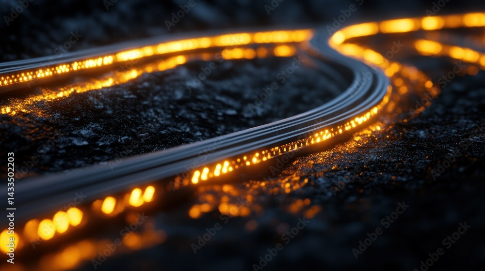 Poster curved illuminated lines across a dark and textured surface