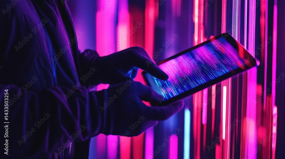 Poster a hacker holding a digital tablet, their gloved fingers bypassing the security lock while neon-color