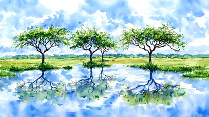 Tranquil African savanna landscape with three acacia trees reflected in calm water, showcasing serene nature; ideal for travel, nature documentaries, or home decor
