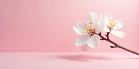 Minimalist white blossom on blush pink surface, gentle, feminine, gardenia