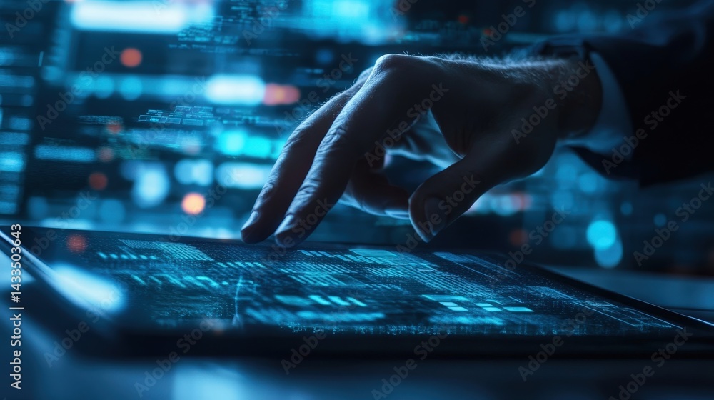 Poster a hackers hands swiping through a hacking interface on a digital tablet, unlocking classified data w