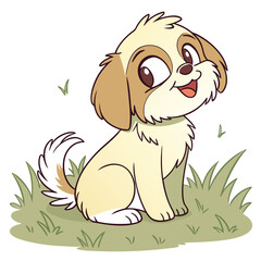Cheerful Cartoon Dog Sitting on Grass, Cute Puppy with Light Brown Fur, Isolated Art