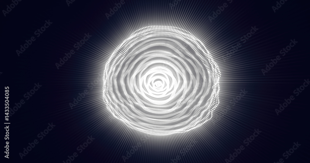 Poster abstract white concentric rings glowing in a dark background, creating a radiating effect. perfect f