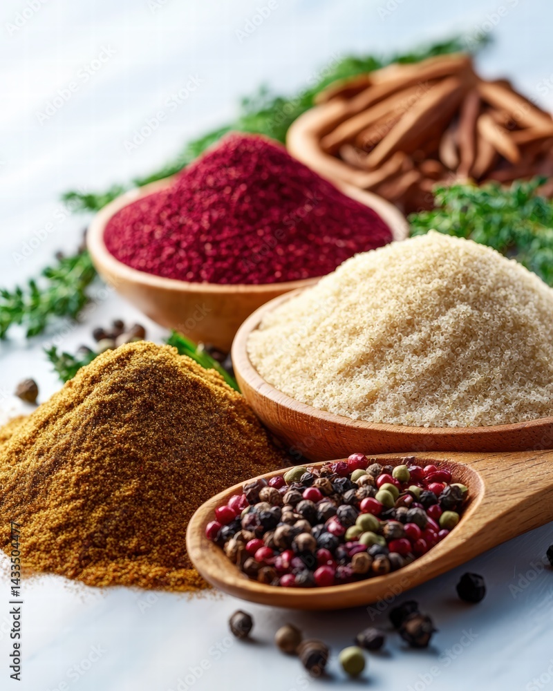 Poster an array of exotic spices displayed in various containers highlighting their colorful and aromatic q