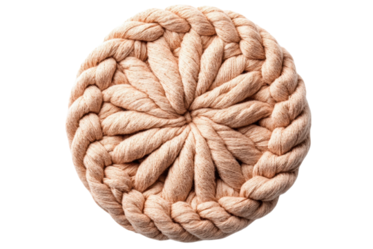 Intricate beige yarn circle art meticulously hand braided with a radial pattern against a black backdrop on transparent background - Powered by Adobe