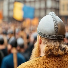 Man wearing a viking hat with braids in a historical and adventurous outdoor setting